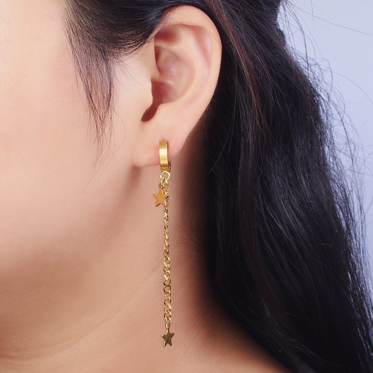 Gold Stainless Steel 13.5mm Huggie Celestial Star, 2 Inch Curb Chain Drop Dangle Earrings | Y-208 - DLUXCA