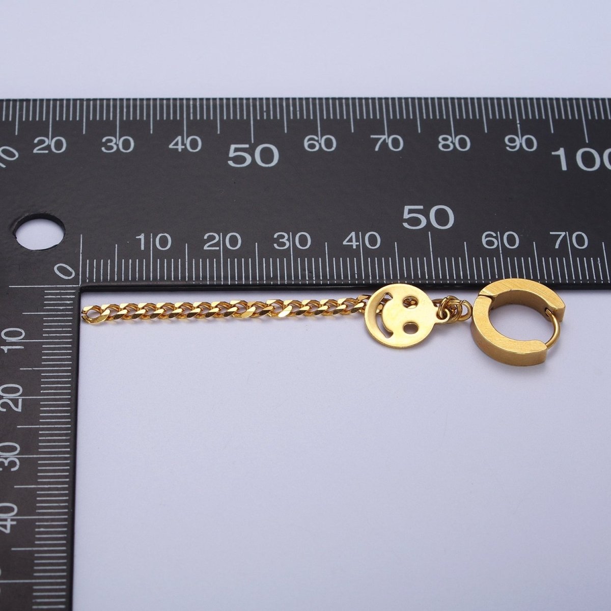 Gold Stainless Steel 13.5mm Huggie Smiley Face, 2.5 Inch Curb Chain Drop Dangle Earrings | Y-207 - DLUXCA