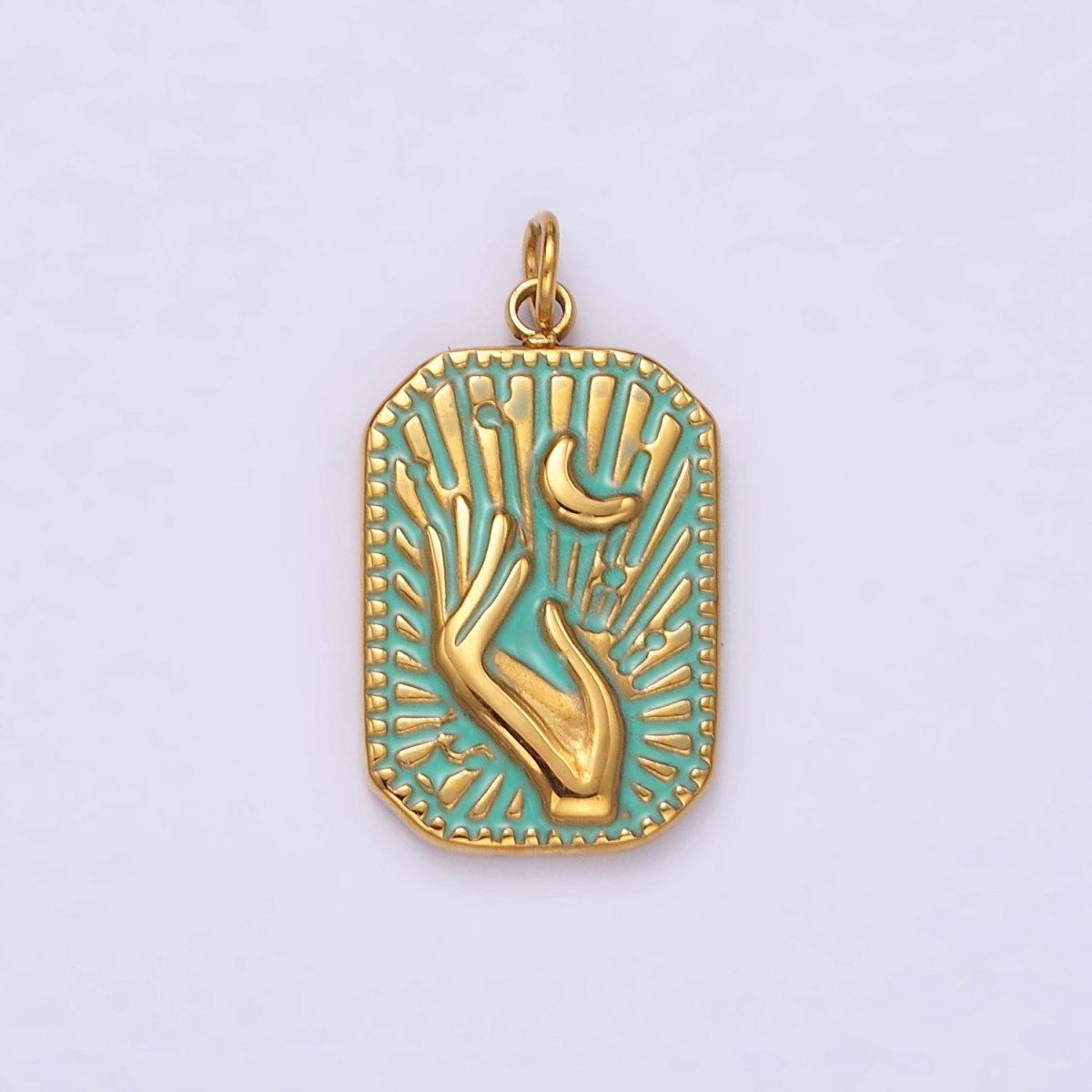 Gold Stainless Steel Tag Charm Crescent Moon Sunburst Hand Charm Dainty Teal Enamel Charm P-645 - DLUXCA