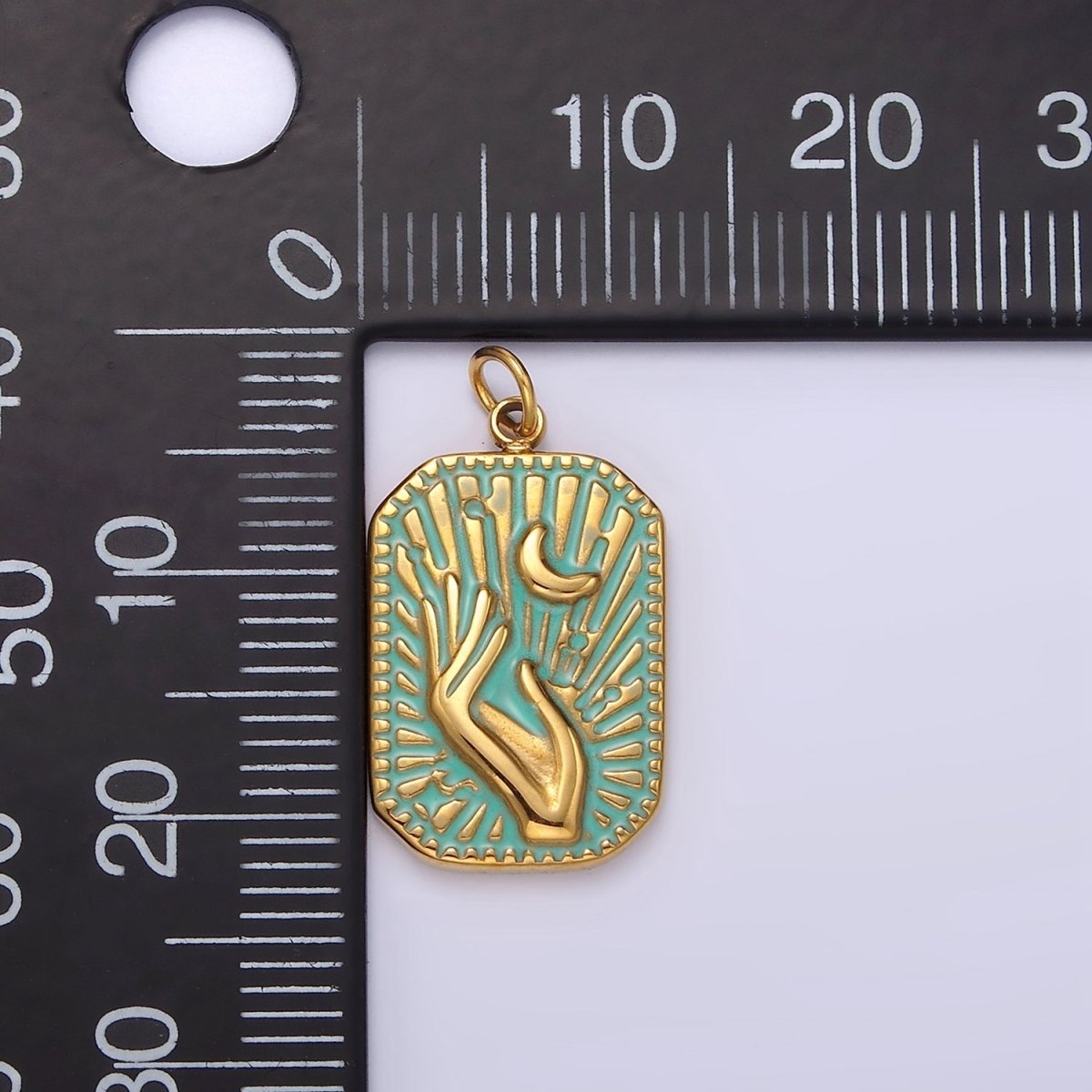 Gold Stainless Steel Tag Charm Crescent Moon Sunburst Hand Charm Dainty Teal Enamel Charm P-645 - DLUXCA
