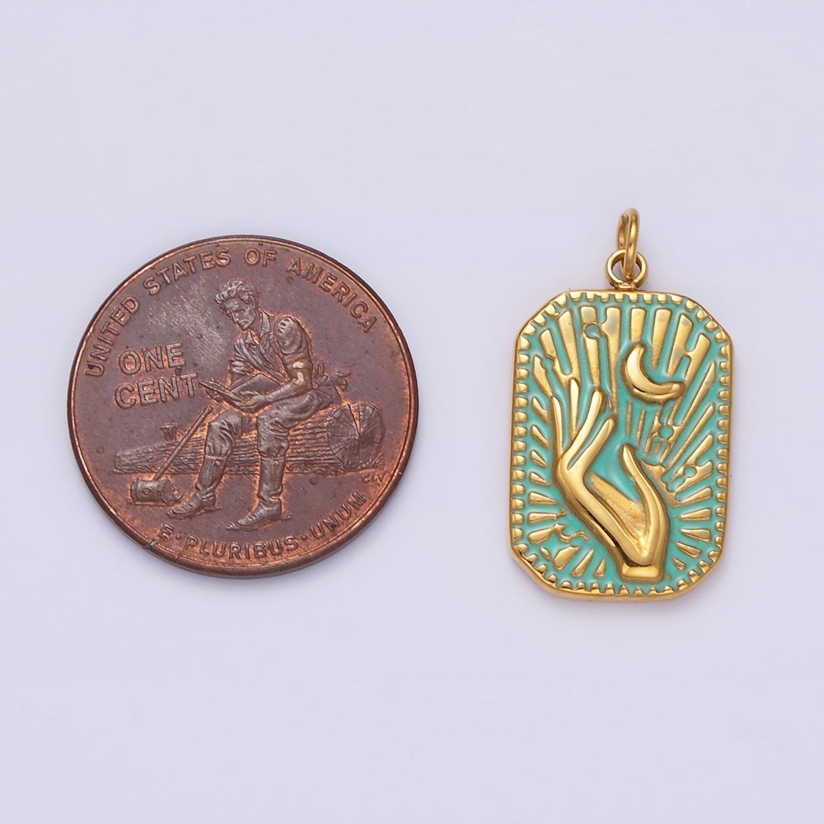 Gold Stainless Steel Tag Charm Crescent Moon Sunburst Hand Charm Dainty Teal Enamel Charm P-645 - DLUXCA
