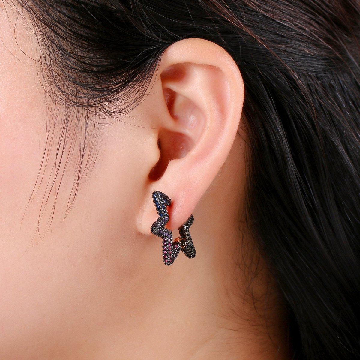 Gold Star earrings, Micro Pave huggie hoops with CZ, Hoop earrings Celestial Jewelry Gothic Dark Black Star Earring Q-136 - DLUXCA