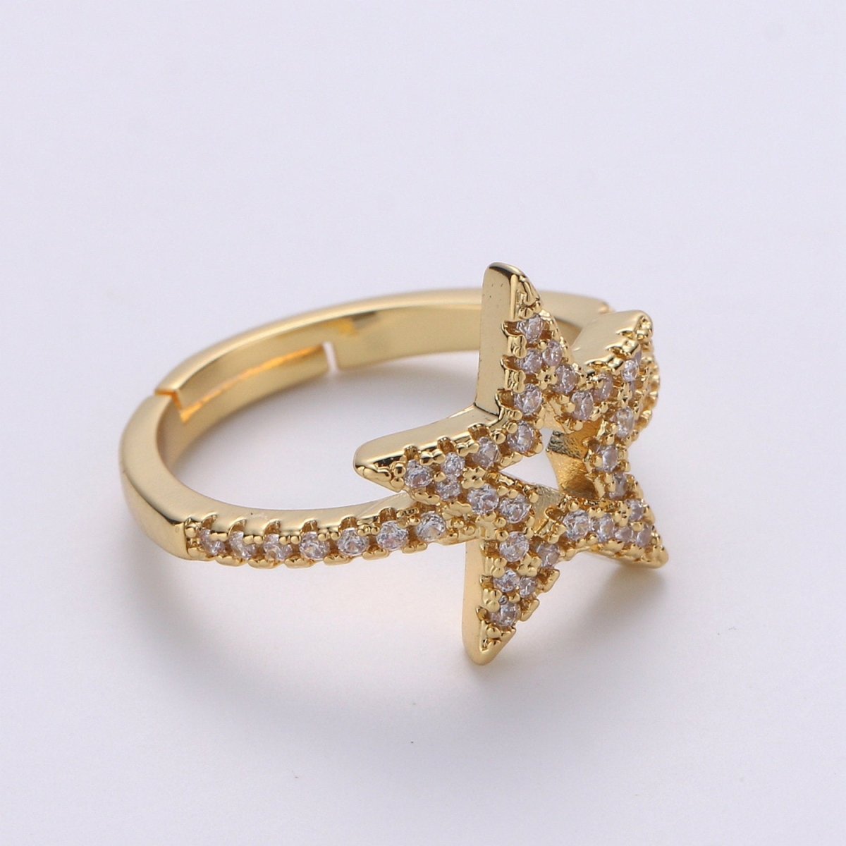Gold Star Ring, Dainty Star Ring, Adjustable Ring, Minimalist Star Ring, Micro Pave Stackable Ring, Celestial Jewelry Gift Idea Christmas R-064 - DLUXCA