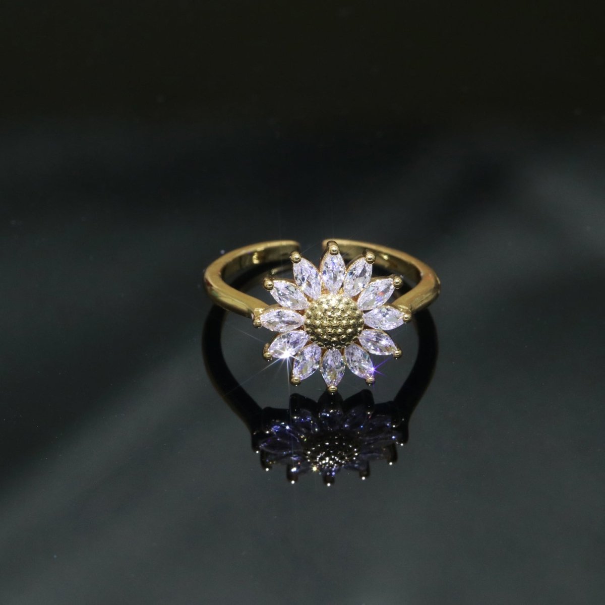 Gold Sun Flower Ring 14k Gold Filed Dainty Ring Cz Open Adjustable Minimalist Ring Stackable Jewelry O-361 - DLUXCA