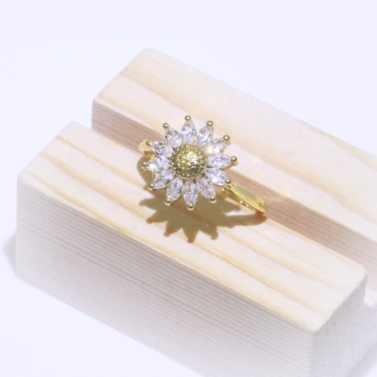 Gold Sun Flower Ring 14k Gold Filed Dainty Ring Cz Open Adjustable Minimalist Ring Stackable Jewelry O-361 - DLUXCA