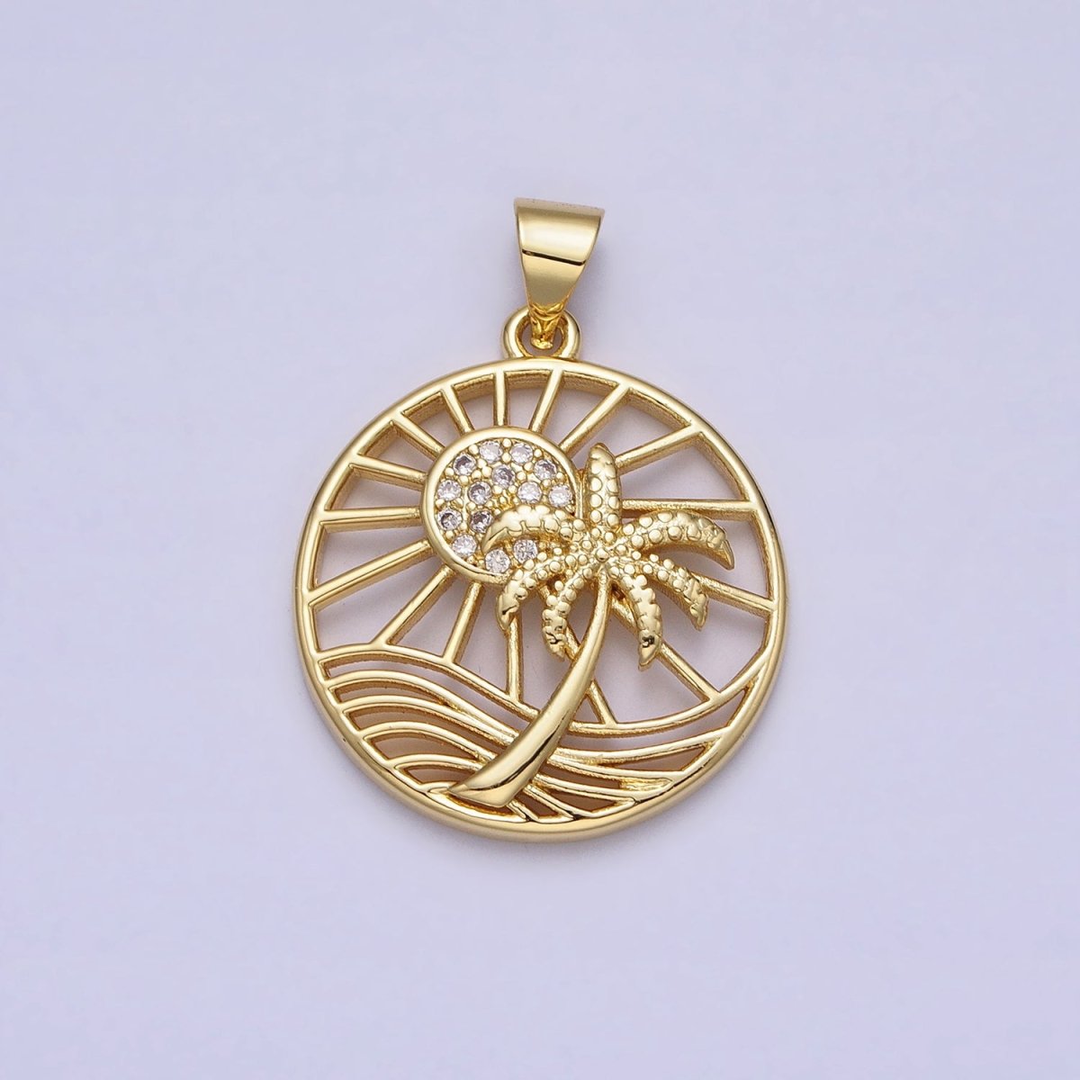 Gold Sunny Beam Beach Palm Tree Clear Micro Paved CZ Round Open Charm | AA162 - DLUXCA