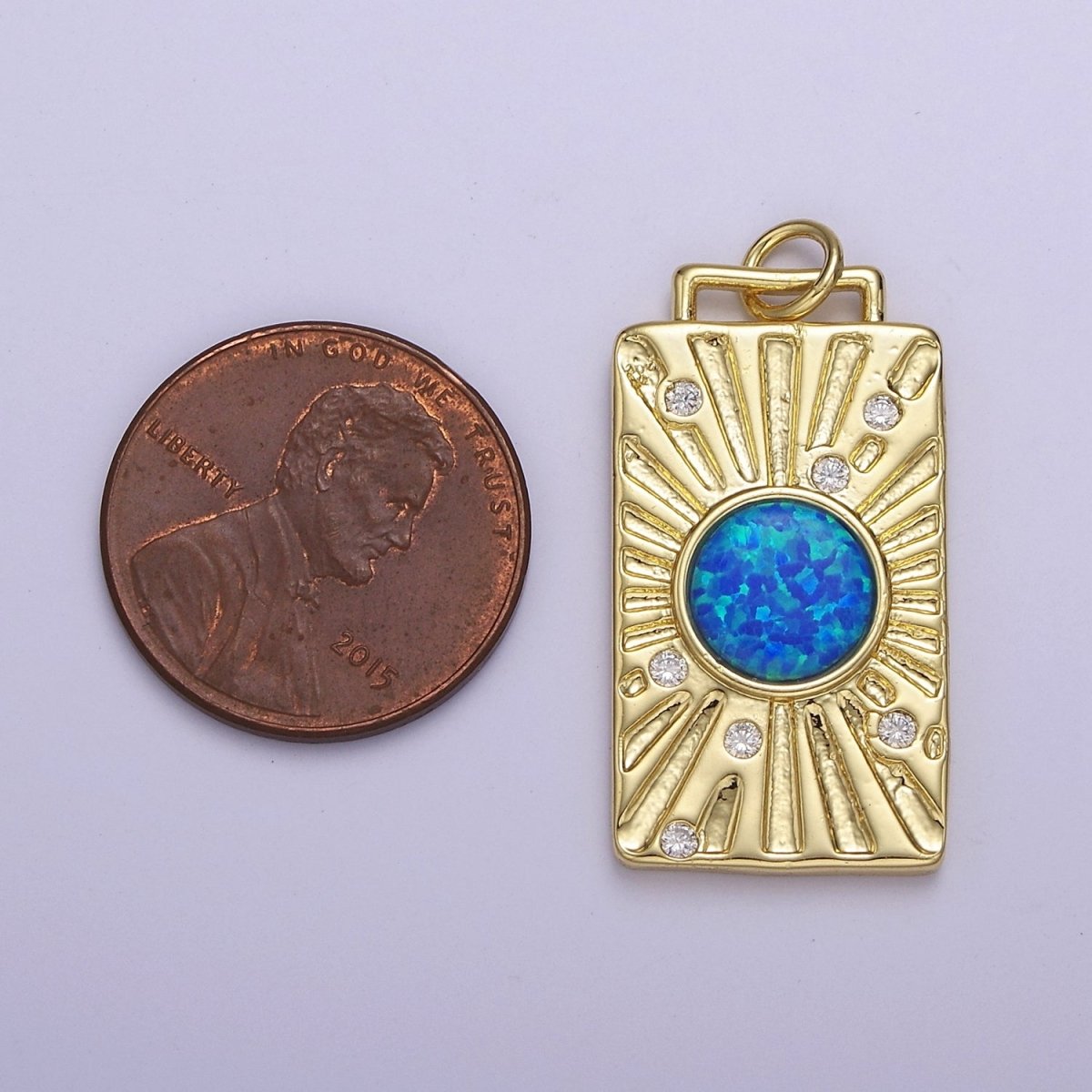 Gold Tag Opal Sunburst Charm Clear Pink Blue Opal Medallion Charm Pendant E-707 E-671 E-670 - DLUXCA