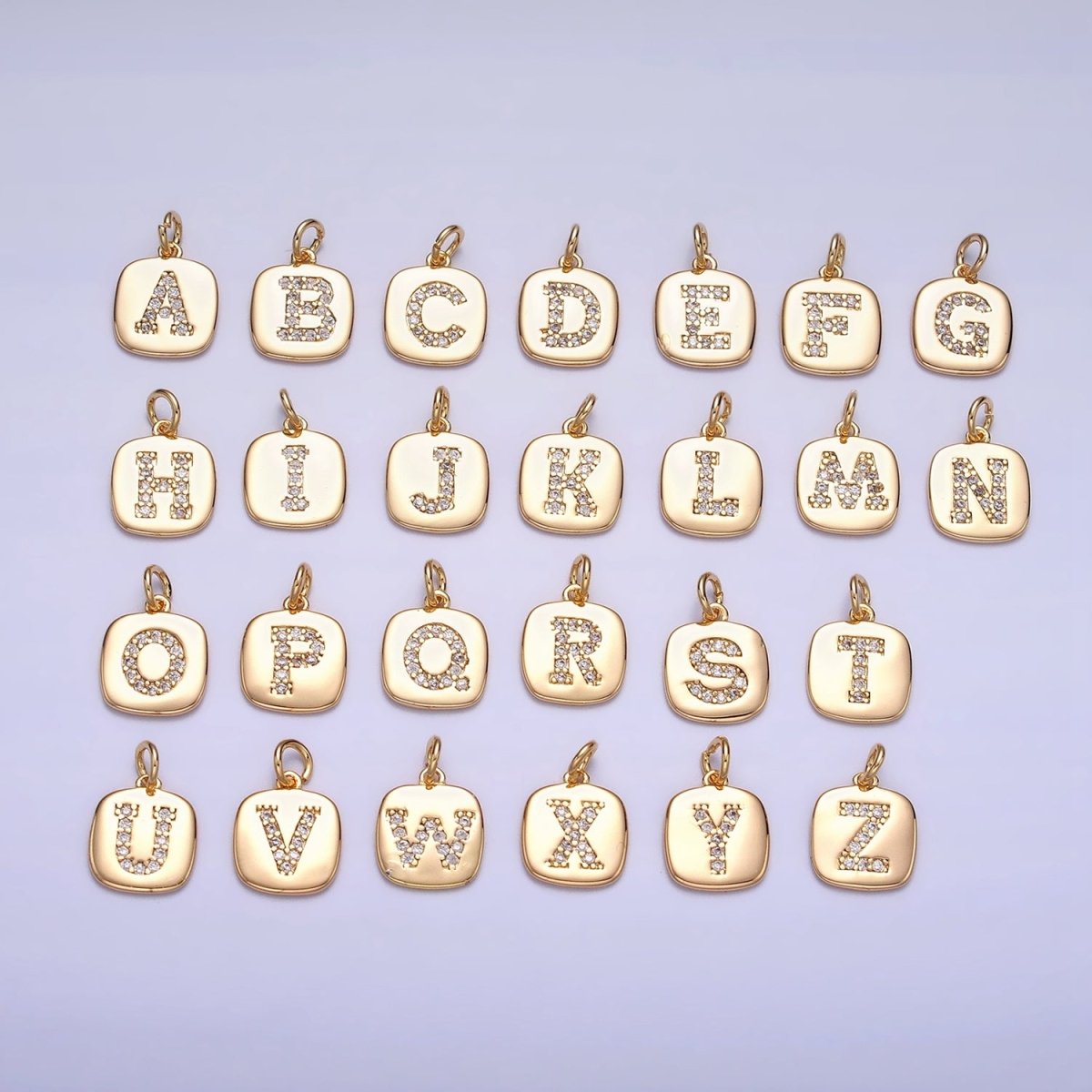Gold Tag Square CZ Clear Micro Paved Initial Alphabet Dainty Personalized Name Tag Charm | AD123 - AD148 - DLUXCA