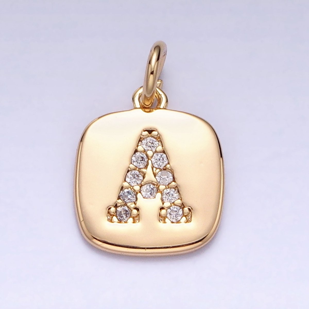 Gold Tag Square CZ Clear Micro Paved Initial Alphabet Dainty Personalized Name Tag Charm | AD123 - AD148 - DLUXCA
