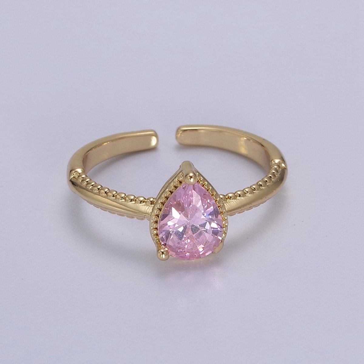 Gold Tear Drop Ring- CZ Pear Cut Ring Eye Tear Cubic Zirconia Open Adjustable Ring S-442 ~ S-447 - DLUXCA