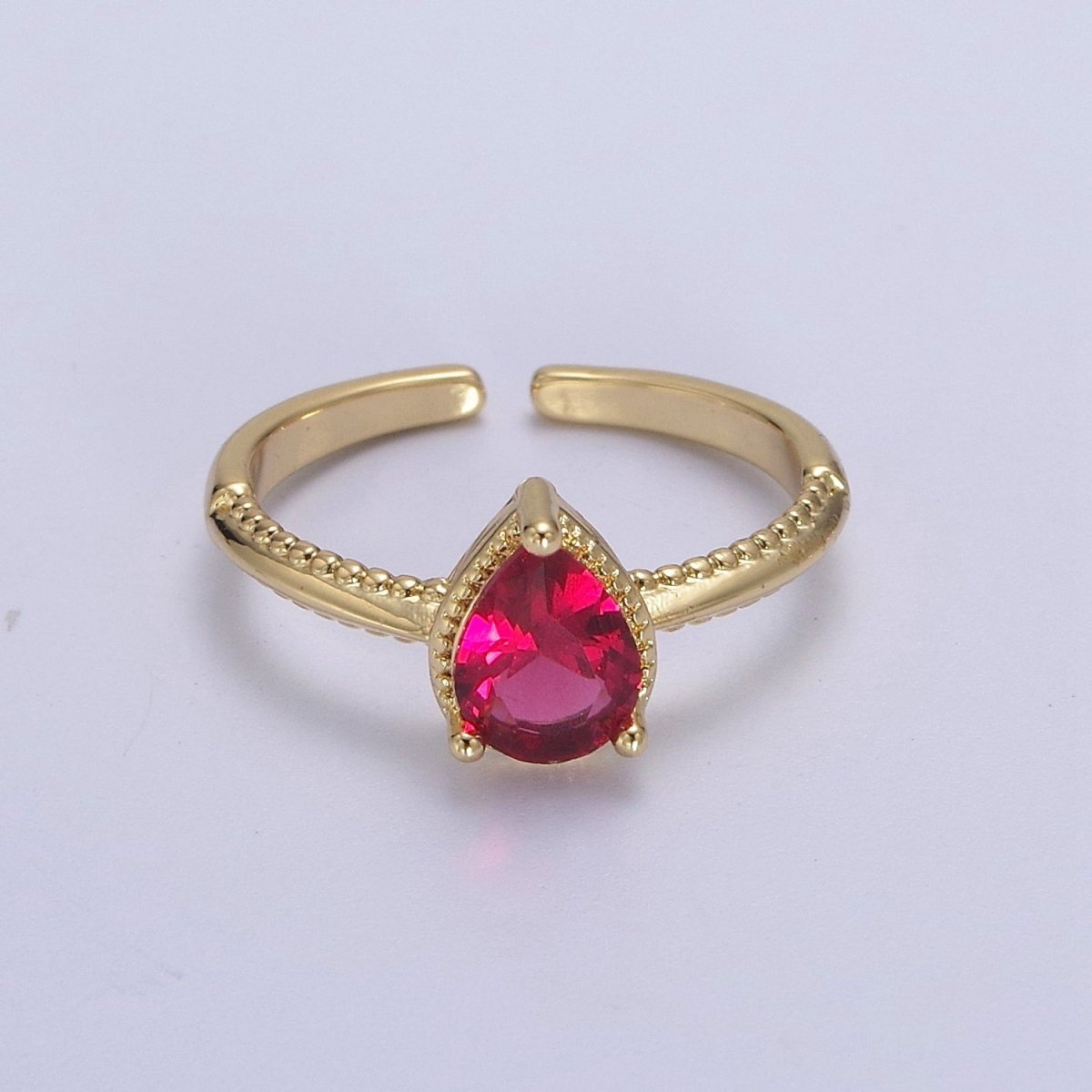 Gold Tear Drop Ring- CZ Pear Cut Ring Eye Tear Cubic Zirconia Open Adjustable Ring S-442 ~ S-447 - DLUXCA