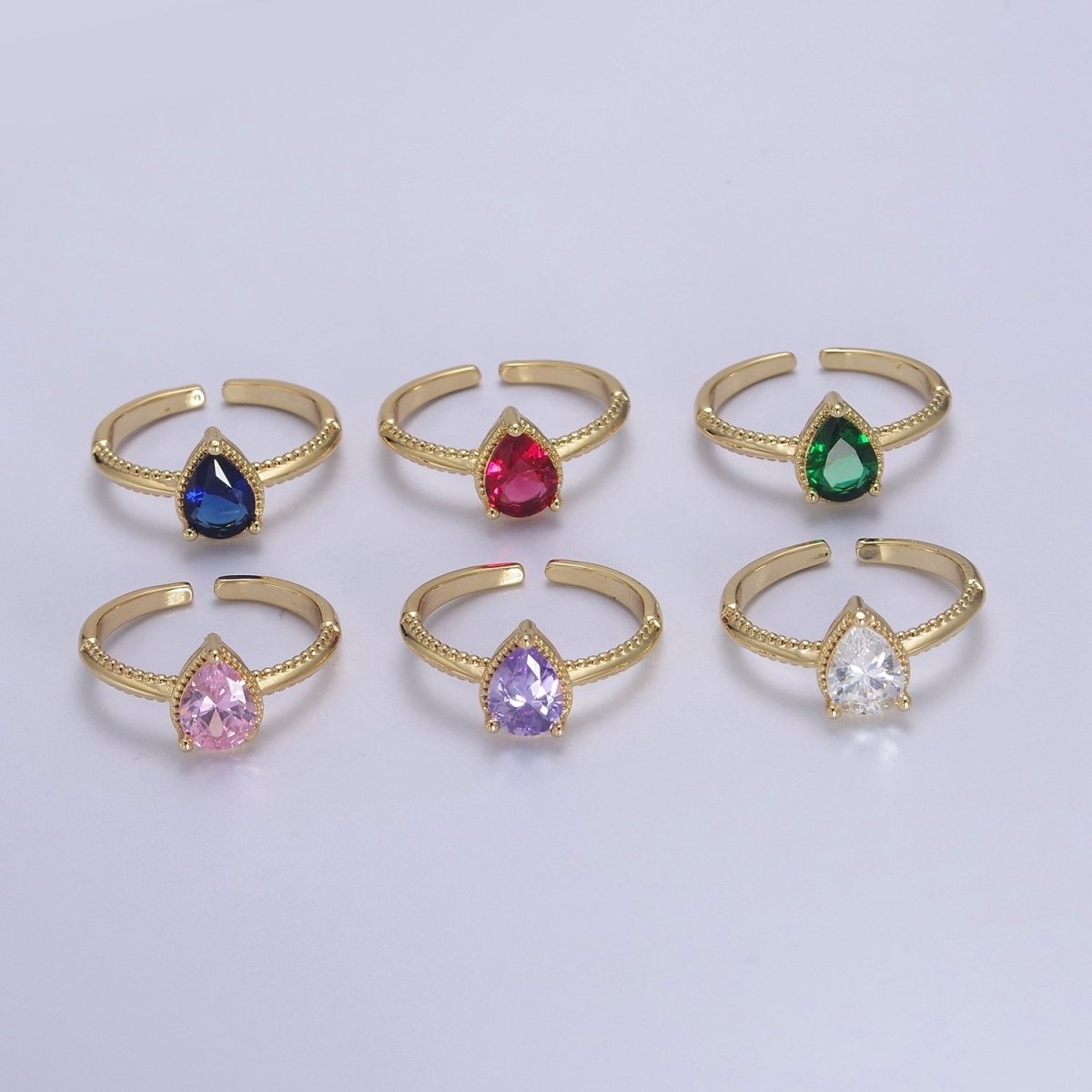 Gold Tear Drop Ring- CZ Pear Cut Ring Eye Tear Cubic Zirconia Open Adjustable Ring S-442 ~ S-447 - DLUXCA