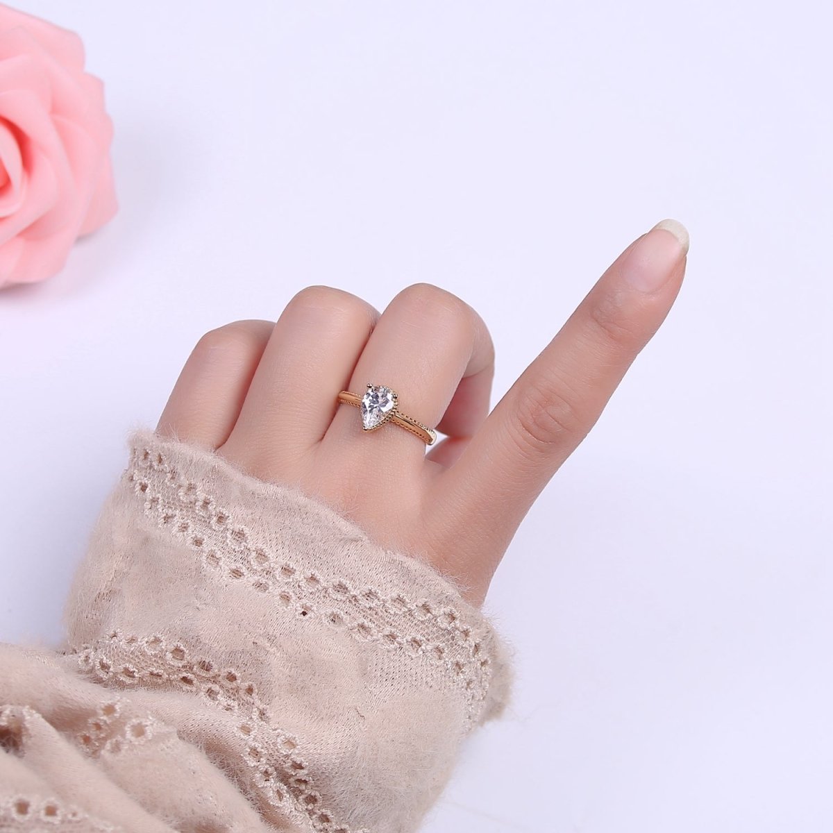 Gold Tear Drop Ring- CZ Pear Cut Ring Eye Tear Cubic Zirconia Open Adjustable Ring S-442 ~ S-447 - DLUXCA