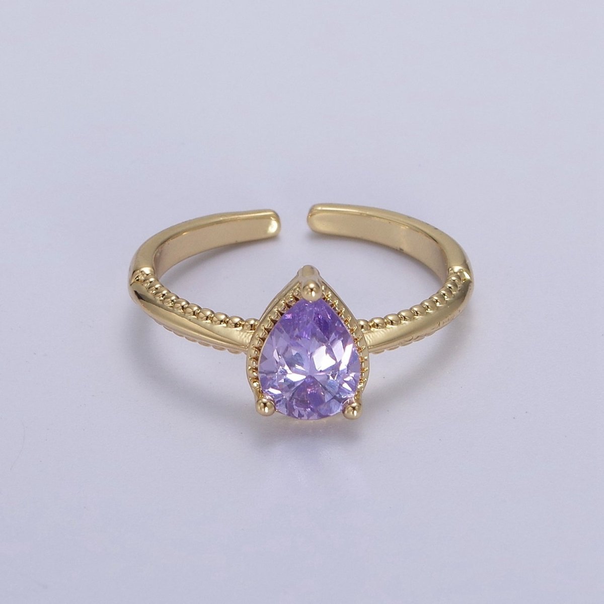Gold Tear Drop Ring- CZ Pear Cut Ring Eye Tear Cubic Zirconia Open Adjustable Ring S-442 ~ S-447 - DLUXCA