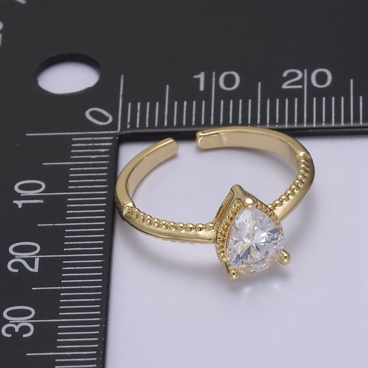 Gold Tear Drop Ring- CZ Pear Cut Ring Eye Tear Cubic Zirconia Open Adjustable Ring S-442 ~ S-447 - DLUXCA
