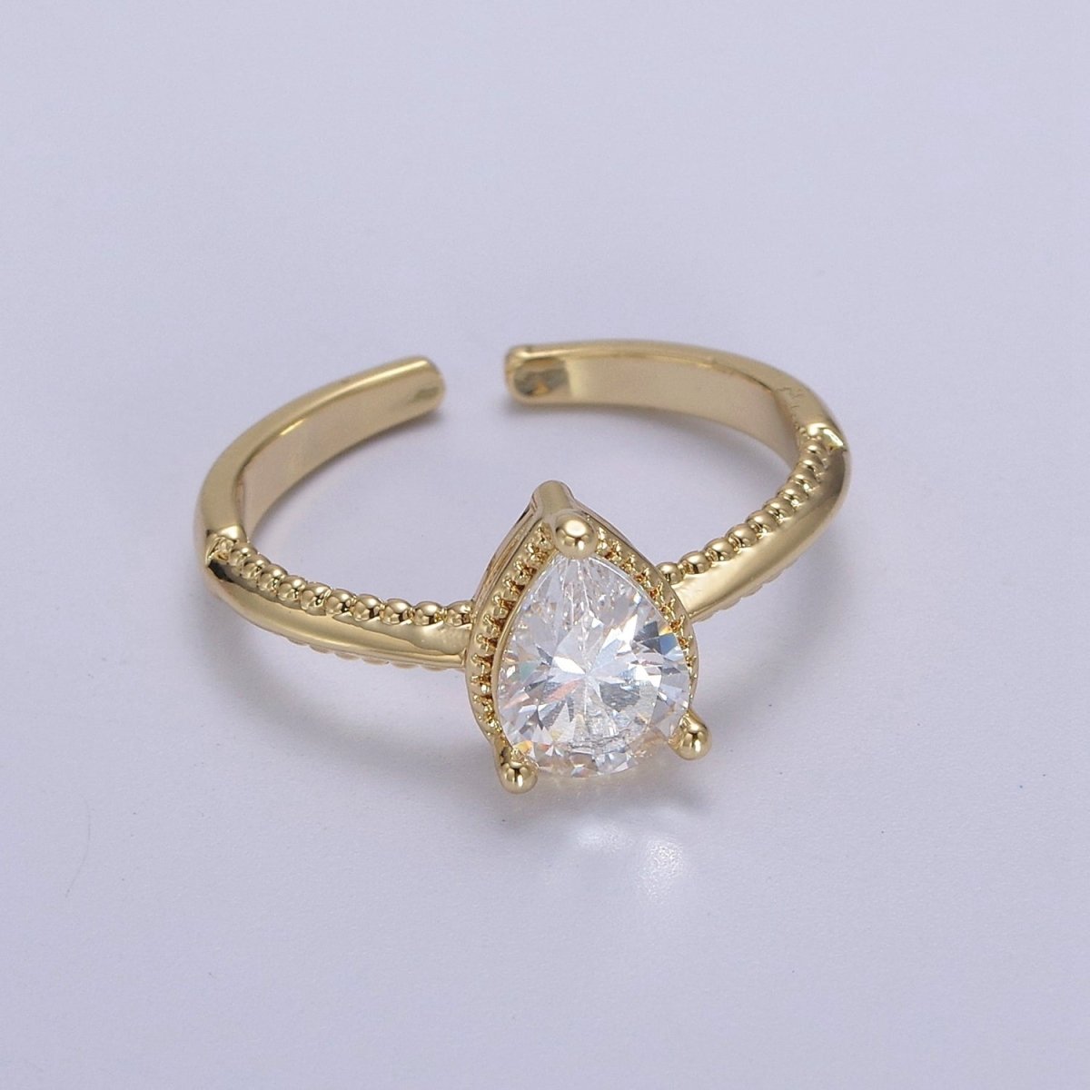 Gold Tear Drop Ring- CZ Pear Cut Ring Eye Tear Cubic Zirconia Open Adjustable Ring S-442 ~ S-447 - DLUXCA