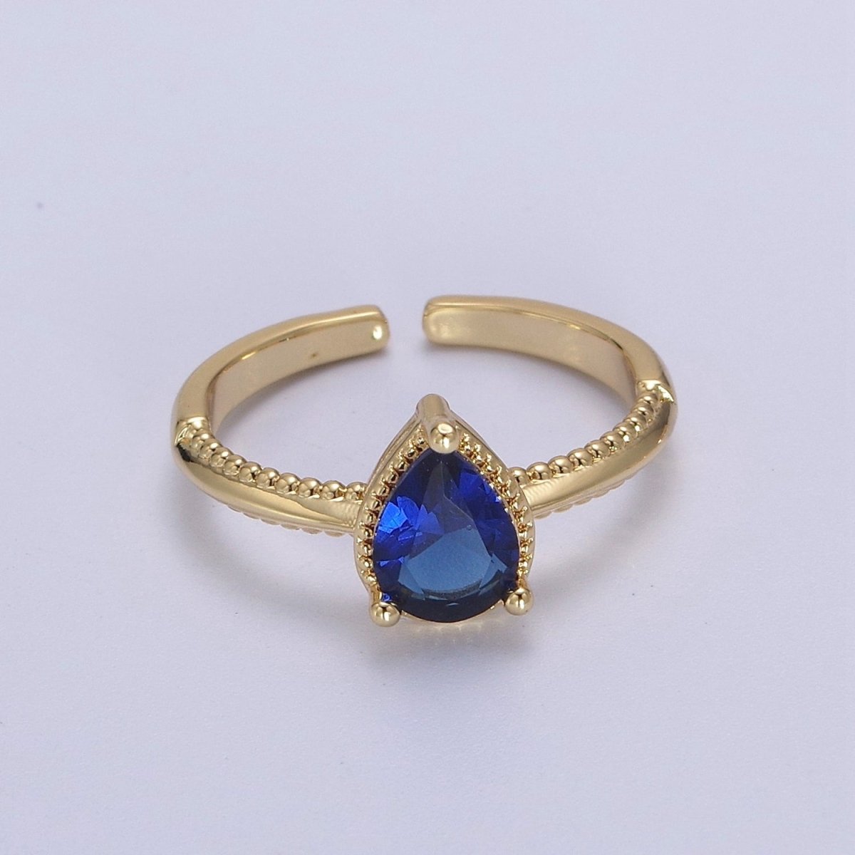 Gold Tear Drop Ring- CZ Pear Cut Ring Eye Tear Cubic Zirconia Open Adjustable Ring S-442 ~ S-447 - DLUXCA