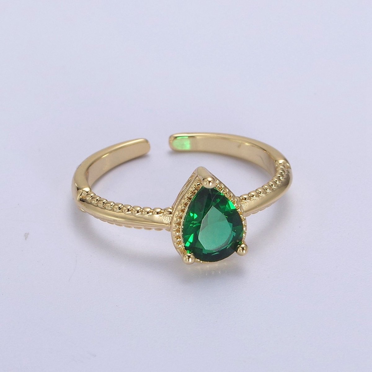 Gold Tear Drop Ring- CZ Pear Cut Ring Eye Tear Cubic Zirconia Open Adjustable Ring S-442 ~ S-447 - DLUXCA