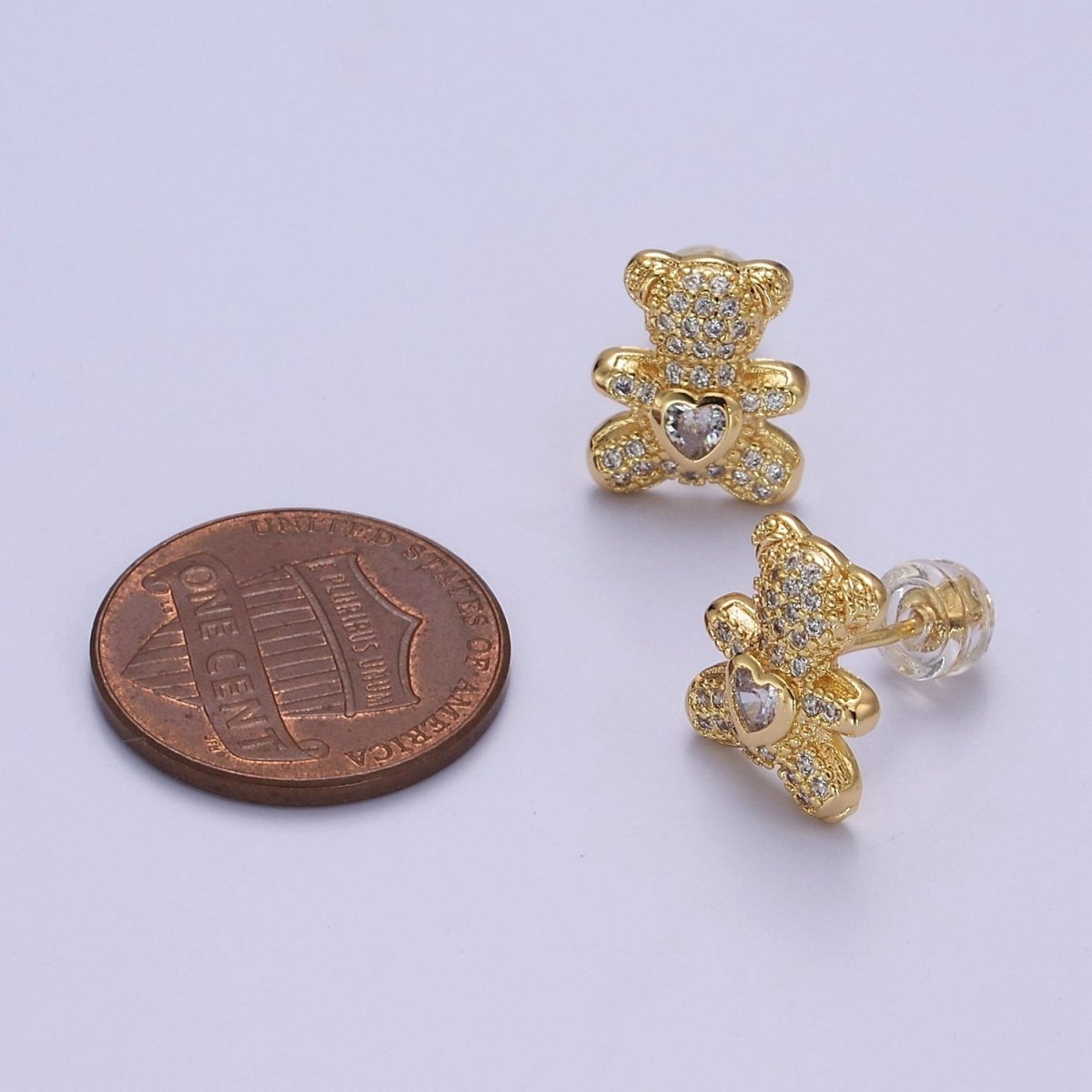 Gold Teddy Bear Stud Earring CZ Woman Kids Girl Earring Gold Stud V-118 - DLUXCA