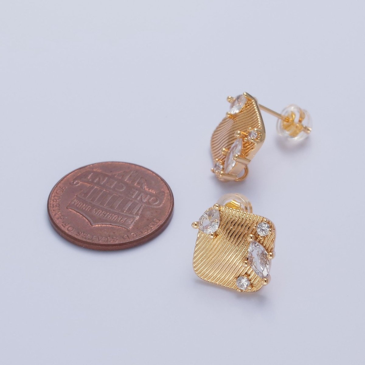 Gold Textured Rhombus Marquise Teardrop Round Cubic Zirconia Stud Drop Earrings Supply L-770 - DLUXCA