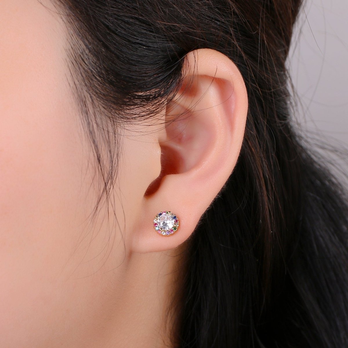 Gold Tiny Stud Earrings - Rainbow Micro Pave Studs - Dainty CZ Studs -5mm Round Crystal Small Stud Earrings Q-298 - DLUXCA