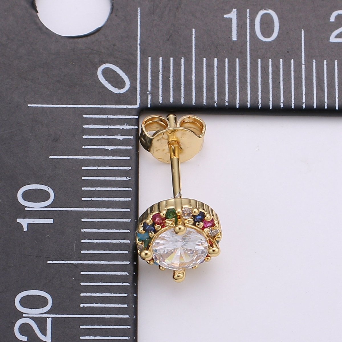 Gold Tiny Stud Earrings - Rainbow Micro Pave Studs - Dainty CZ Studs -5mm Round Crystal Small Stud Earrings Q-298 - DLUXCA