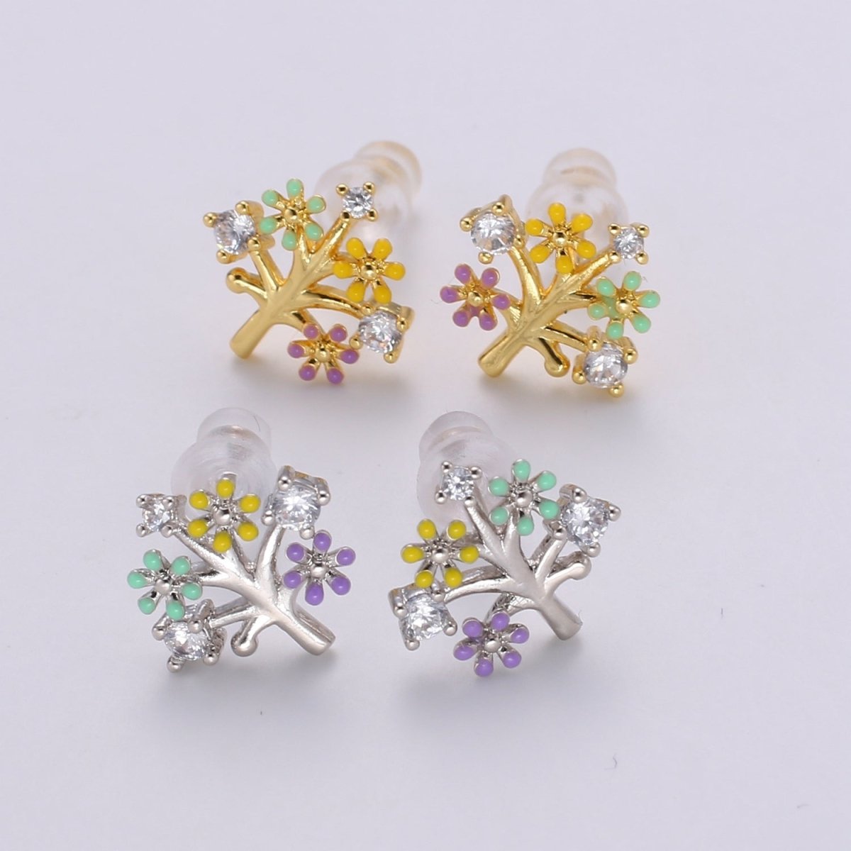 Gold Tree Stud Earrings • Cute Earrings • Spring Jewelry • Gold Micro Pave Flower Earrings • Stud Earrings • Valentine gift• Kawaii Earrings Q-368 - DLUXCA