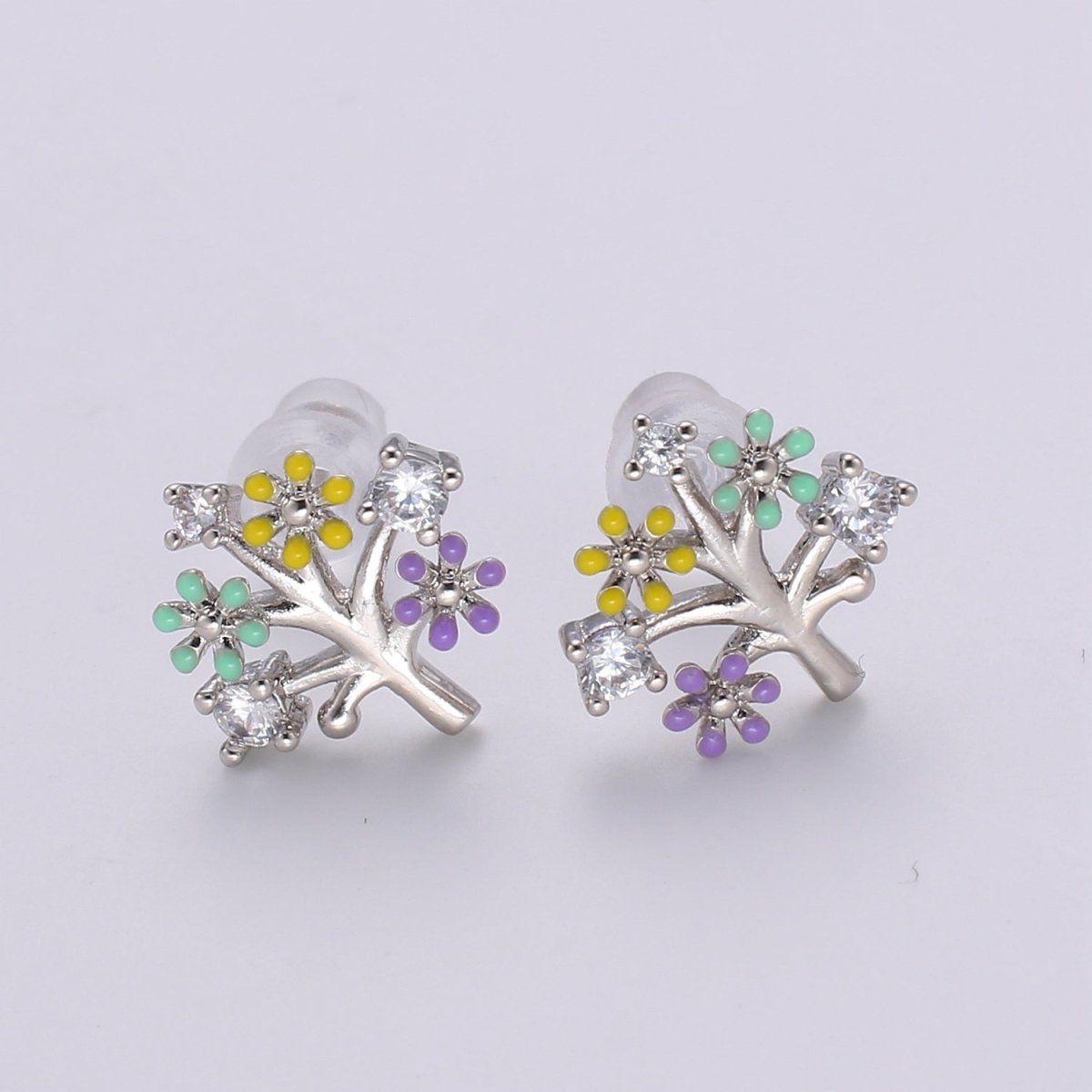 Gold Tree Stud Earrings • Cute Earrings • Spring Jewelry • Gold Micro Pave Flower Earrings • Stud Earrings • Valentine gift• Kawaii Earrings Q-368 - DLUXCA