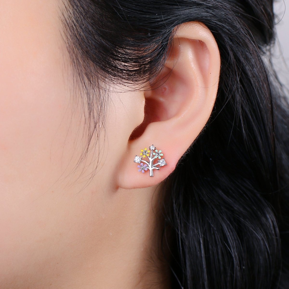 Gold Tree Stud Earrings • Cute Earrings • Spring Jewelry • Gold Micro Pave Flower Earrings • Stud Earrings • Valentine gift• Kawaii Earrings Q-368 - DLUXCA