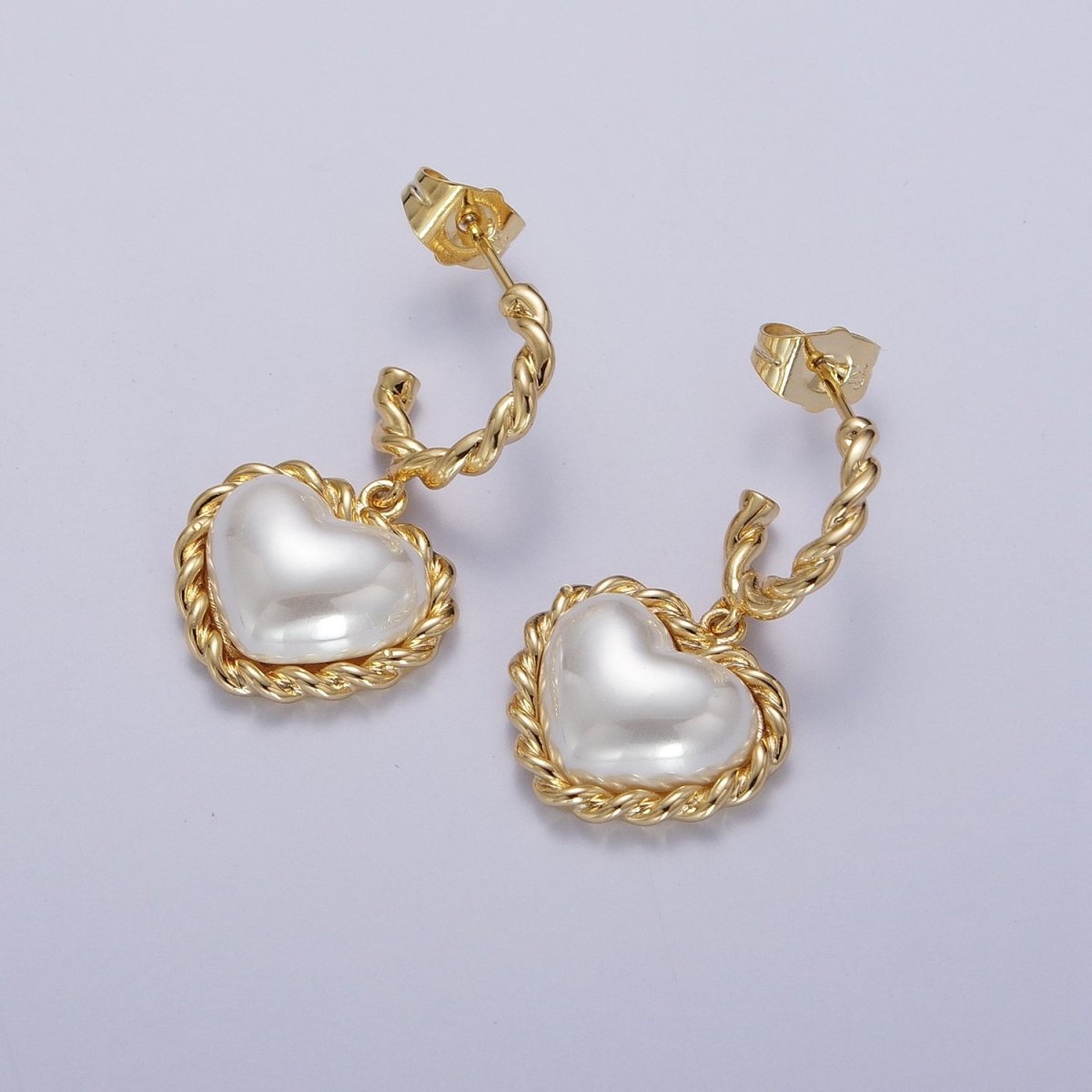 Gold Twist Rope C Shaped Hoop White Shell Heart Pearl Dangle Drop Stud Earrings | Y-061 - DLUXCA