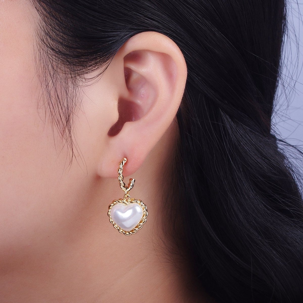 Gold Twist Rope C Shaped Hoop White Shell Heart Pearl Dangle Drop Stud Earrings | Y-061 - DLUXCA