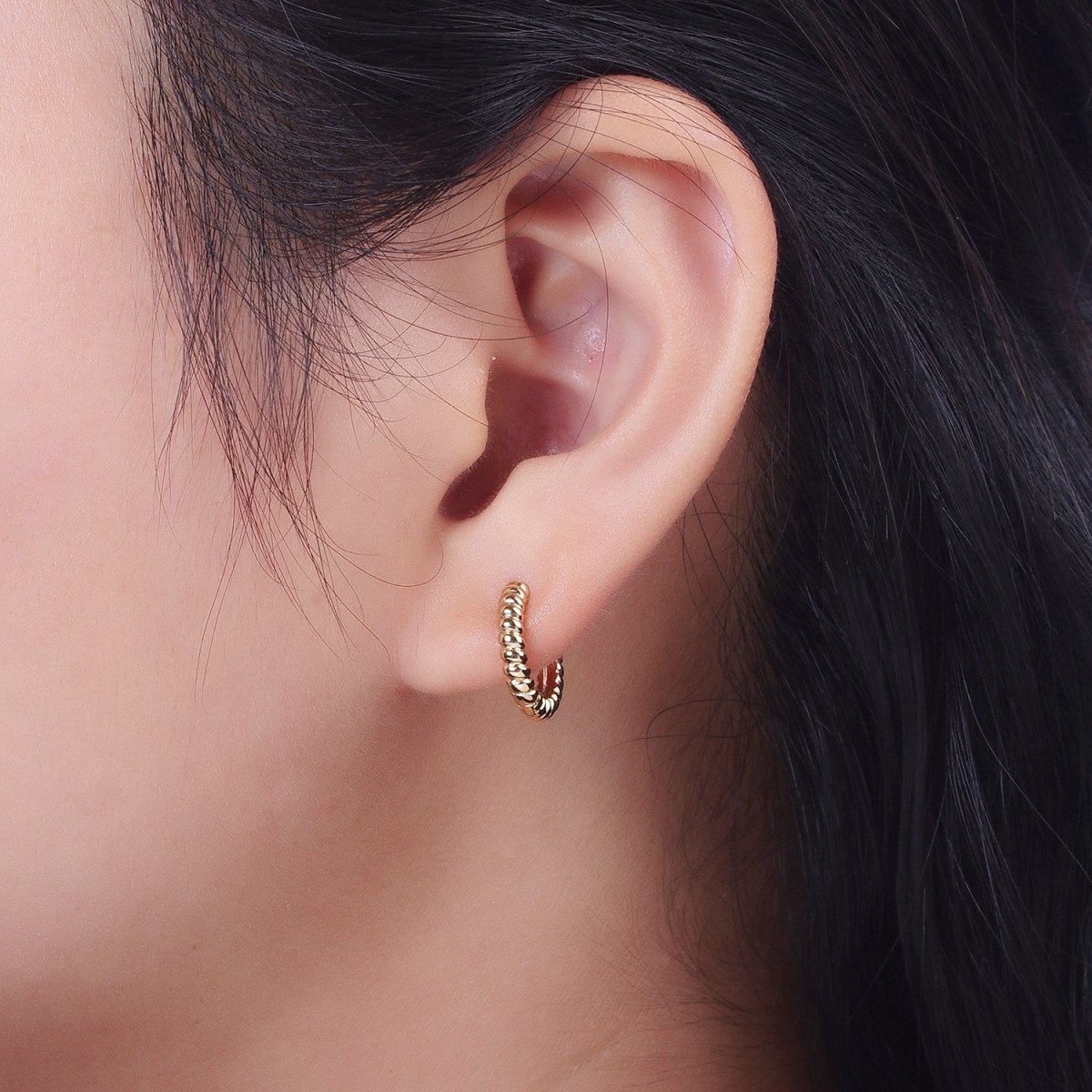 Gold Twisted Croissant 14mm Huggie Minimalist Earrings | V-016 - DLUXCA