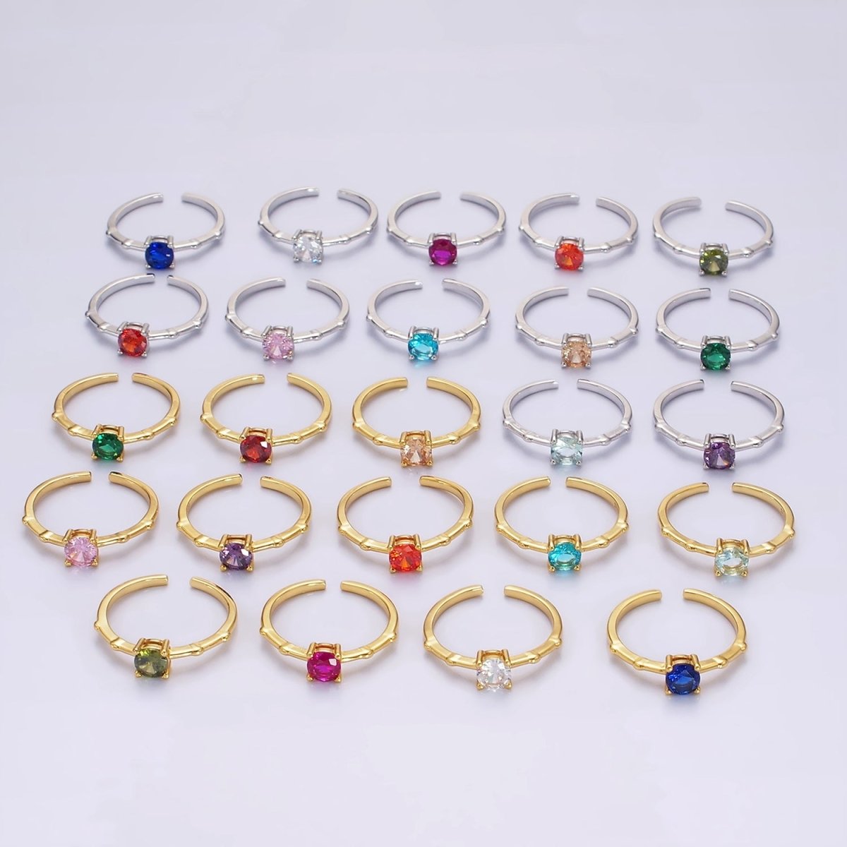 Gold Vermeil Cubic Zirconia CZ Birthstone Personalized Solitaire Bamboo Ring in Gold & Silver | O1006 - O1029 - DLUXCA