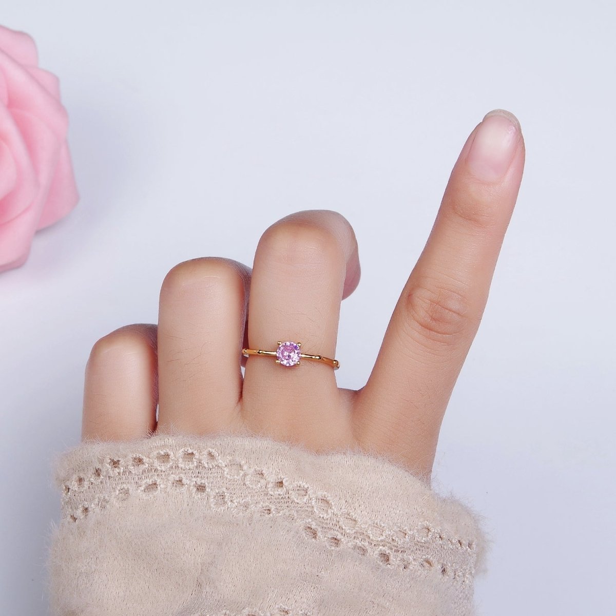 Gold Vermeil Cubic Zirconia CZ Birthstone Personalized Solitaire Bamboo Ring in Gold & Silver | O1006 - O1029 - DLUXCA