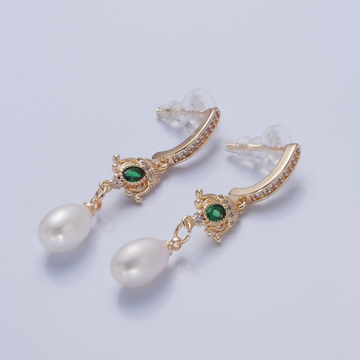 Gold Vintage Green Emerald CZ Drop Stud Earring With Pearl V-370 - DLUXCA