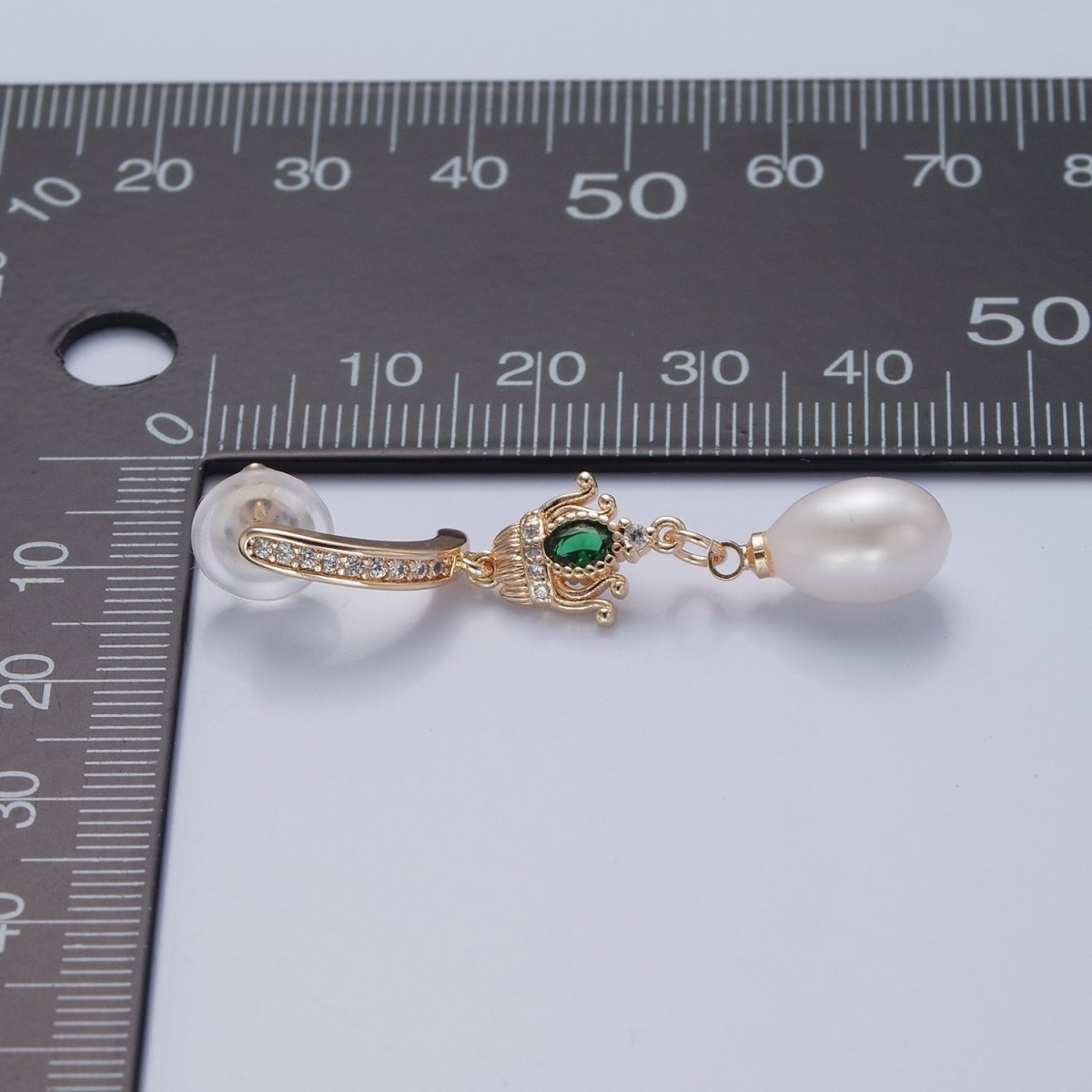 Gold Vintage Green Emerald CZ Drop Stud Earring With Pearl V-370 - DLUXCA