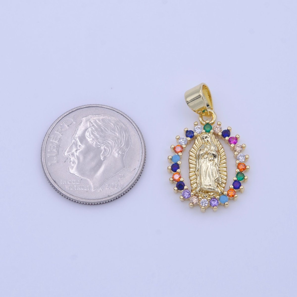 Gold Virgin Mary Lady Guadalupe Open Opal Multicolor CZ Religious Pendant H-251 - DLUXCA