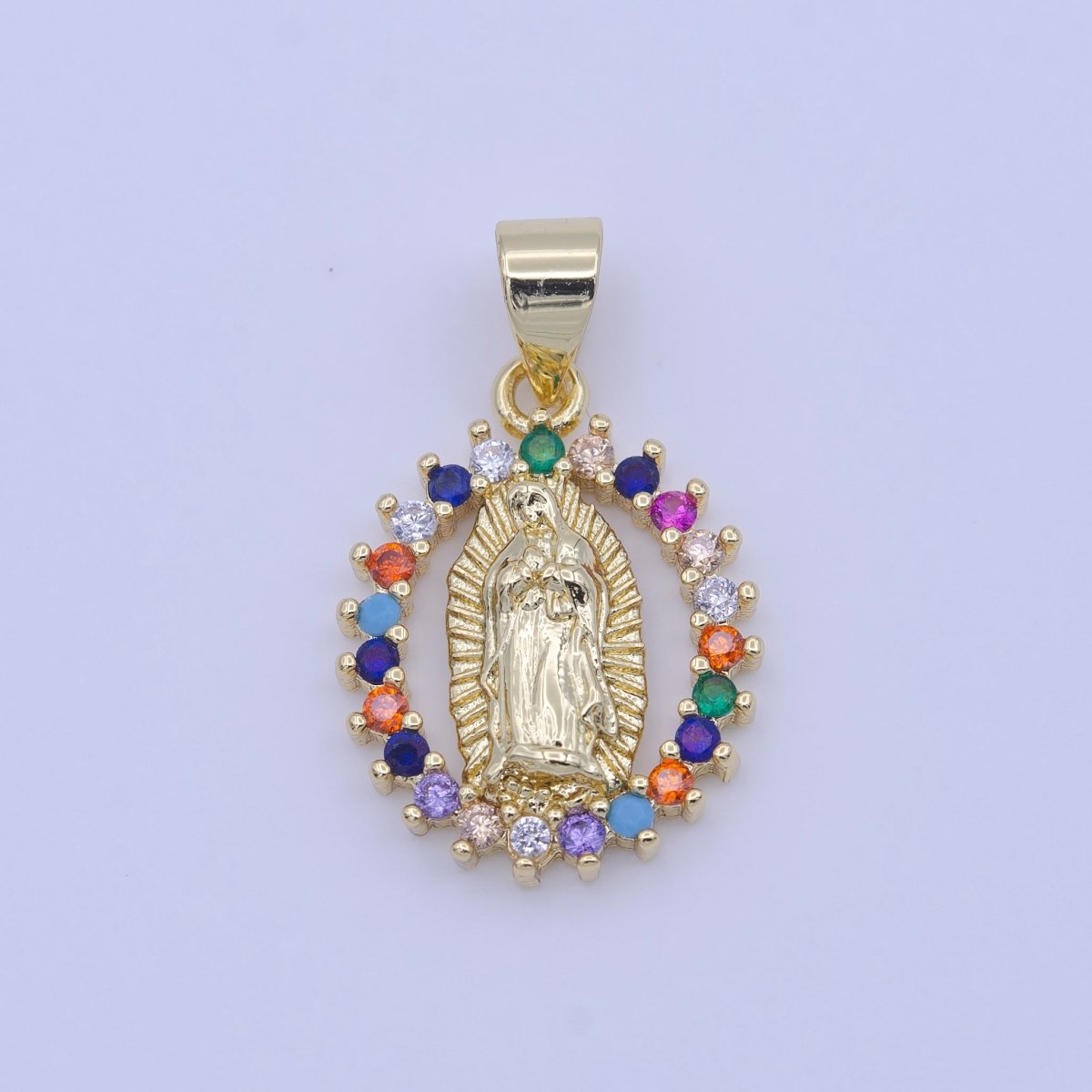 Gold Virgin Mary Lady Guadalupe Open Opal Multicolor CZ Religious Pendant H-251 - DLUXCA