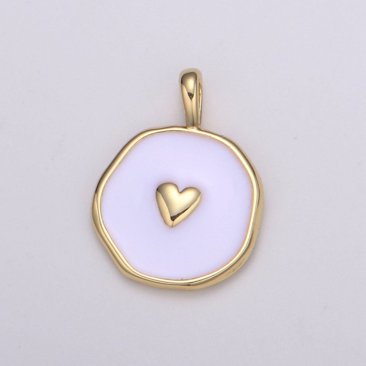 Gold White Enamel Heart Charms, Golden Heart charm in Round Disc Charm Medallion for Necklace, Paint my Heart DIY craft E-189 - DLUXCA