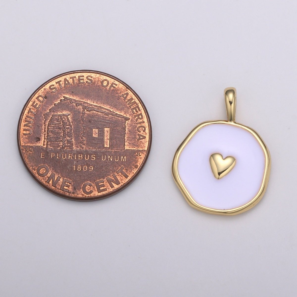Gold White Enamel Heart Charms, Golden Heart charm in Round Disc Charm Medallion for Necklace, Paint my Heart DIY craft E-189 - DLUXCA