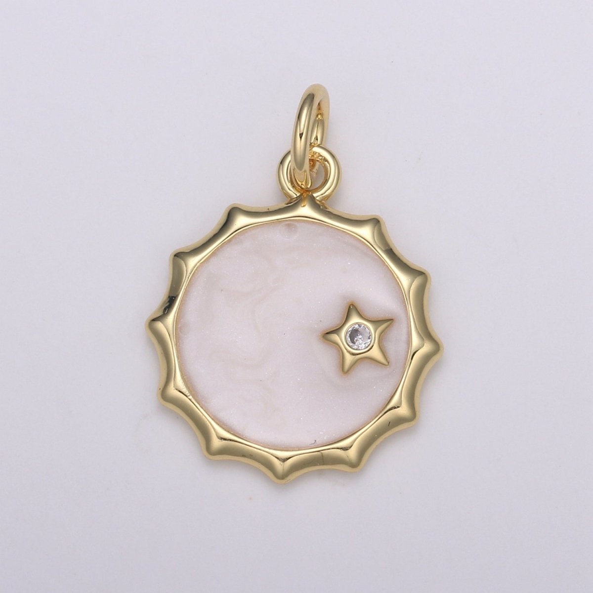 Gold White Enamel Moon and Solitaire Star CZ Charms, Cubic Arion charm in Round Disc Charm Medallion for Necklace E-188 - DLUXCA