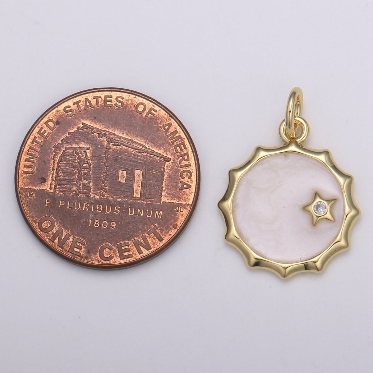Gold White Enamel Moon and Solitaire Star CZ Charms, Cubic Arion charm in Round Disc Charm Medallion for Necklace E-188 - DLUXCA