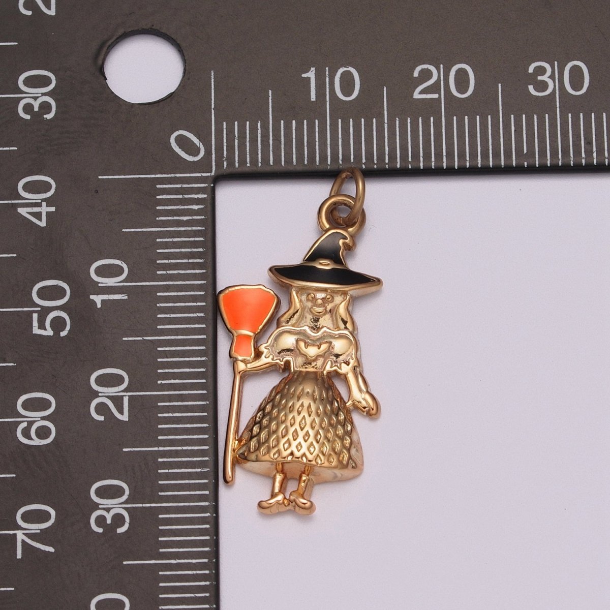 Gold Witch Charm Enamel Old Hag Witch With Broom for Halloween Pendant Jewelry Inspired, M-773 - DLUXCA