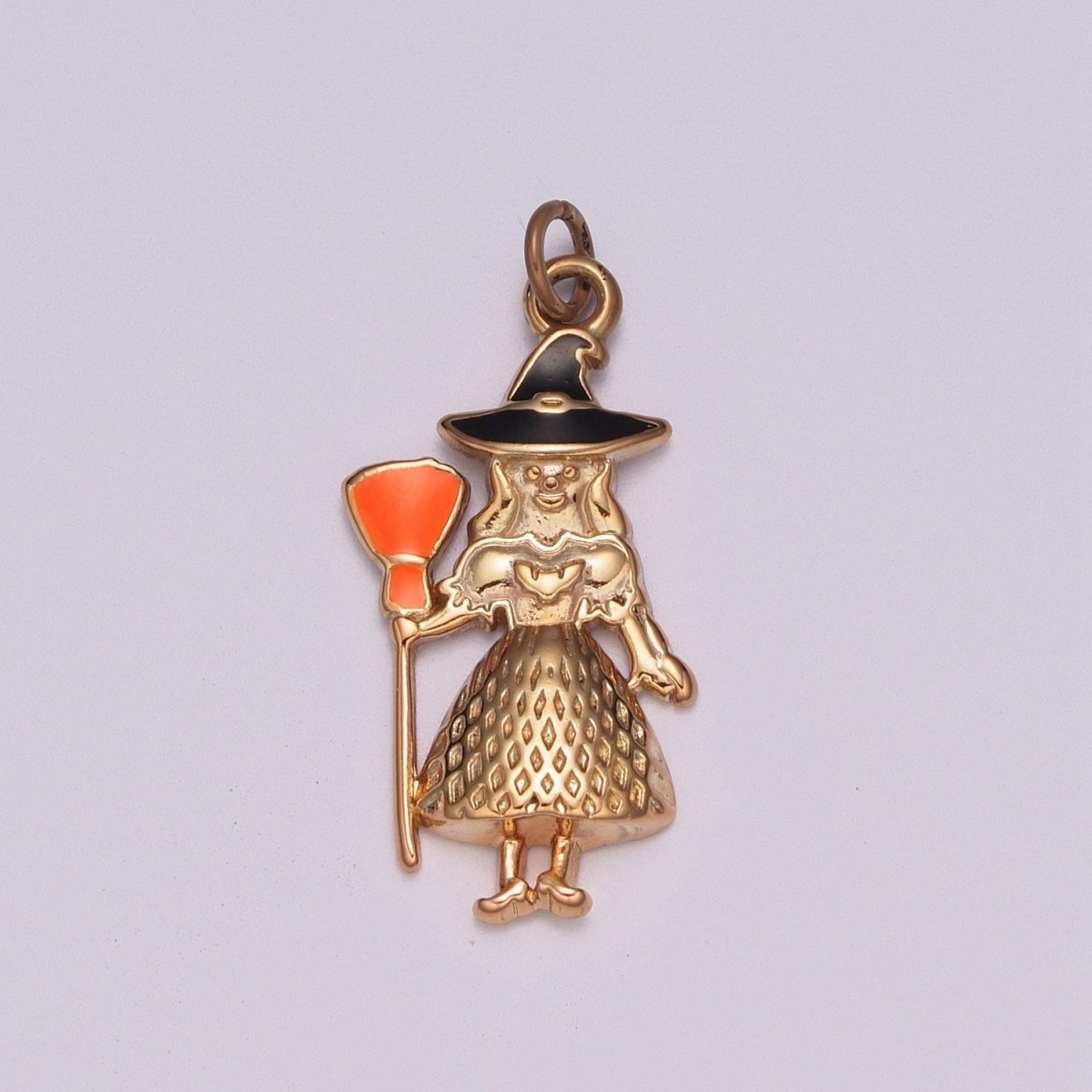 Gold Witch Charm Enamel Old Hag Witch With Broom for Halloween Pendant Jewelry Inspired, M-773 - DLUXCA