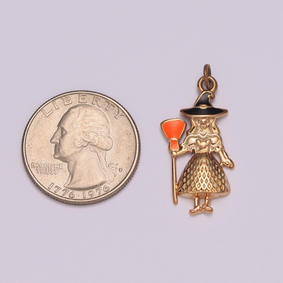 Gold Witch Charm Enamel Old Hag Witch With Broom for Halloween Pendant Jewelry Inspired, M-773 - DLUXCA