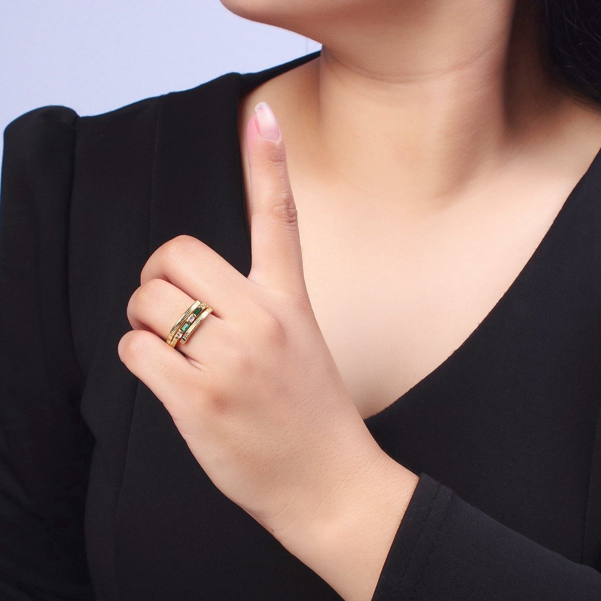 Gold Wrap Ring Clear Baguette Ring Green Baguette Ring Open Adjustable Jewelry O-1986 O-1987 - DLUXCA