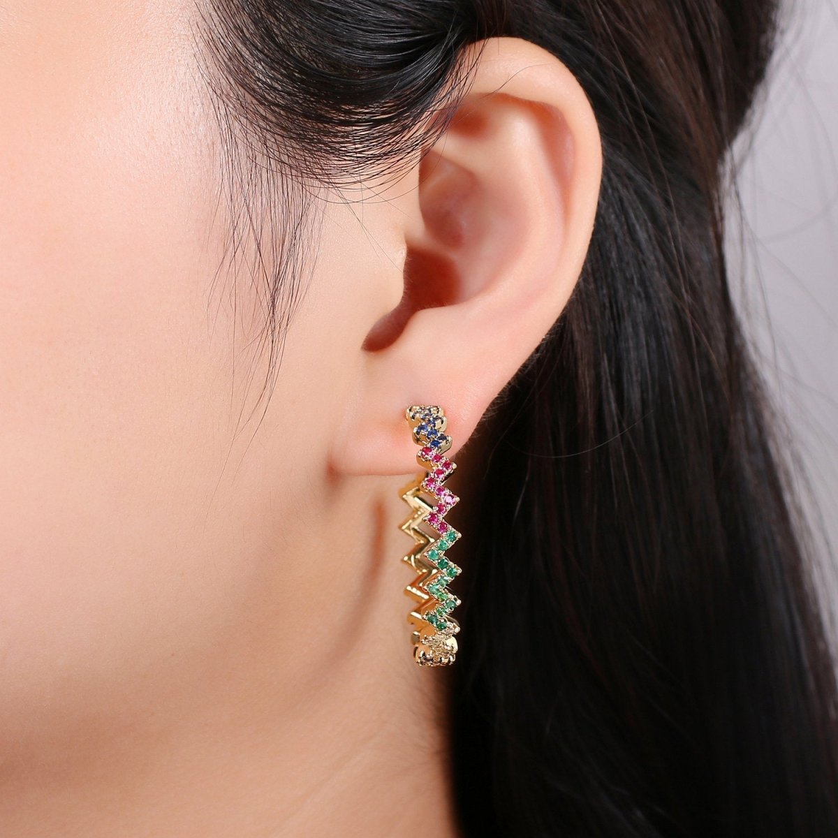 Gold Zig-Zag Hoop Earrings, Ziggy Open Hoop Earring Chevron Micro Pave Earring 14k Gold Filled Earring K-570 K-571 - DLUXCA