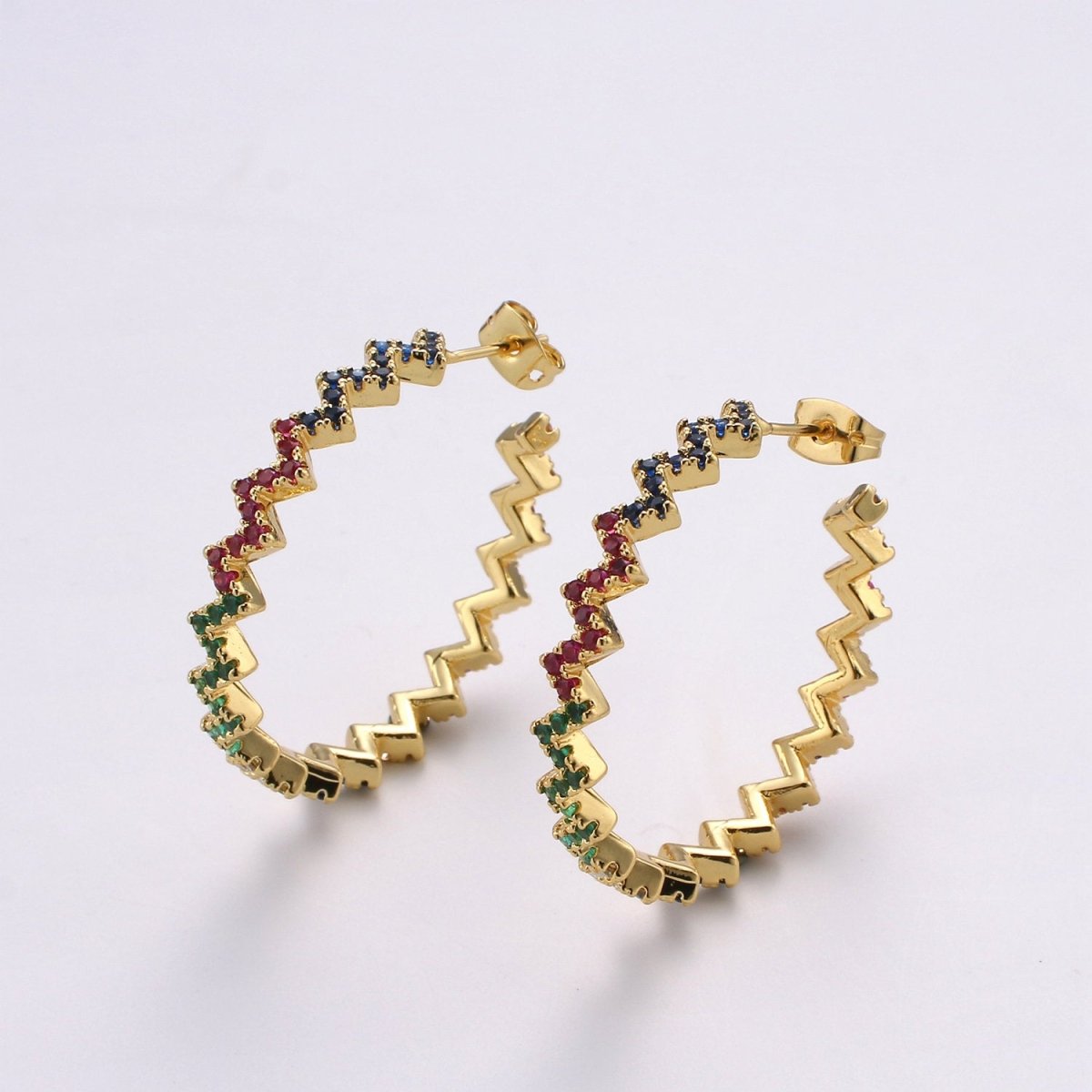 Gold Zig-Zag Hoop Earrings, Ziggy Open Hoop Earring Chevron Micro Pave Earring 14k Gold Filled Earring K-570 K-571 - DLUXCA