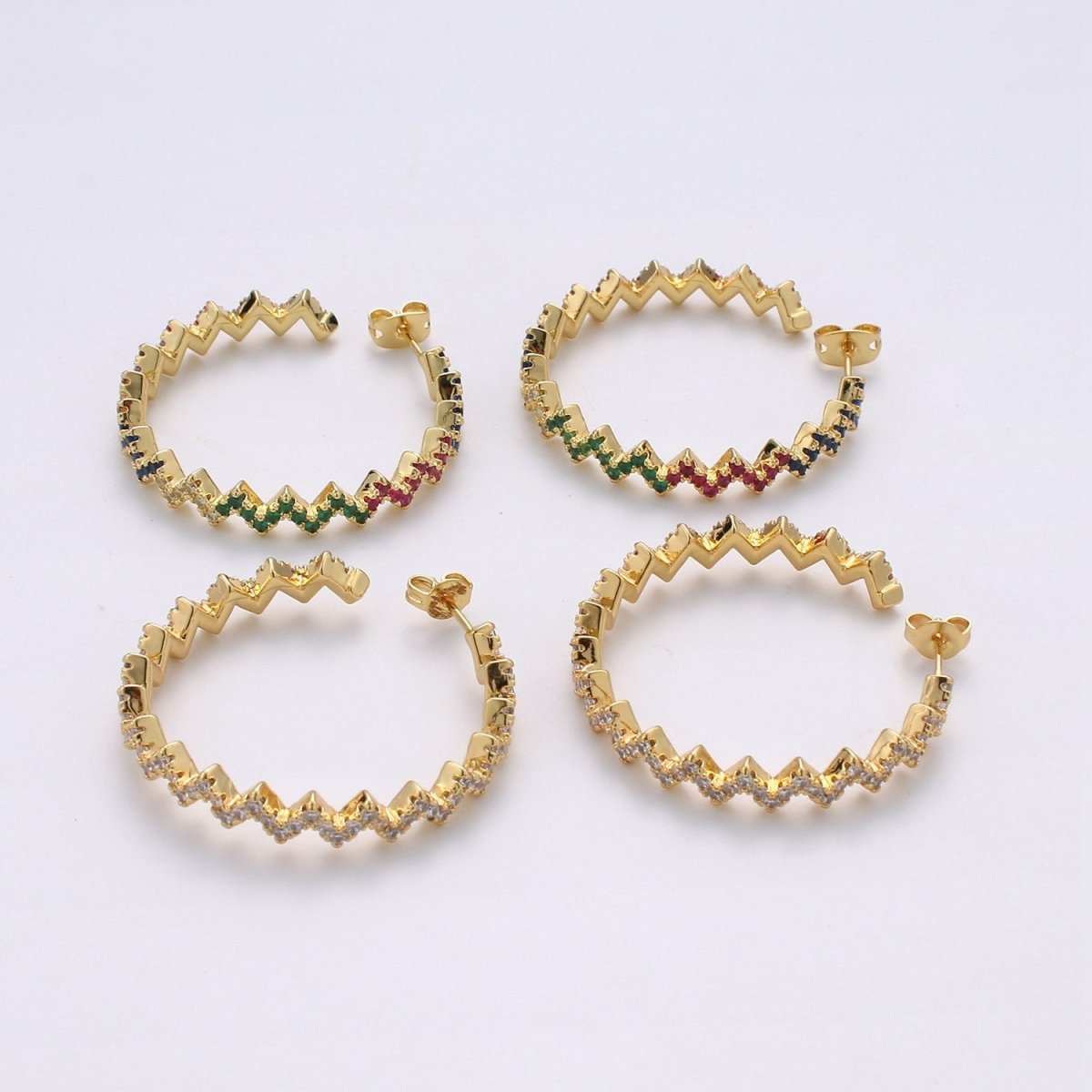 Gold Zig-Zag Hoop Earrings, Ziggy Open Hoop Earring Chevron Micro Pave Earring 14k Gold Filled Earring K-570 K-571 - DLUXCA