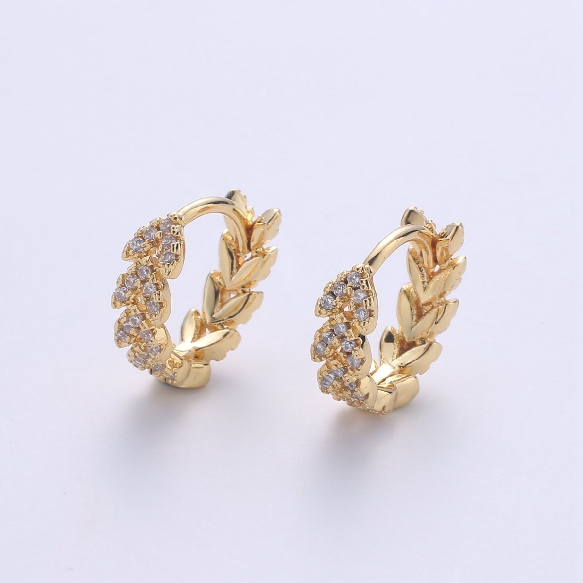Golden Leaf Gold Filled Huggies Dainty Gold Olive Leaf Earring Hoop Earrings, Huggie Delicate Earrings, Minimalist, Boho Earrings CZ Cubic Simple earring Gift for Her K-554 - DLUXCA